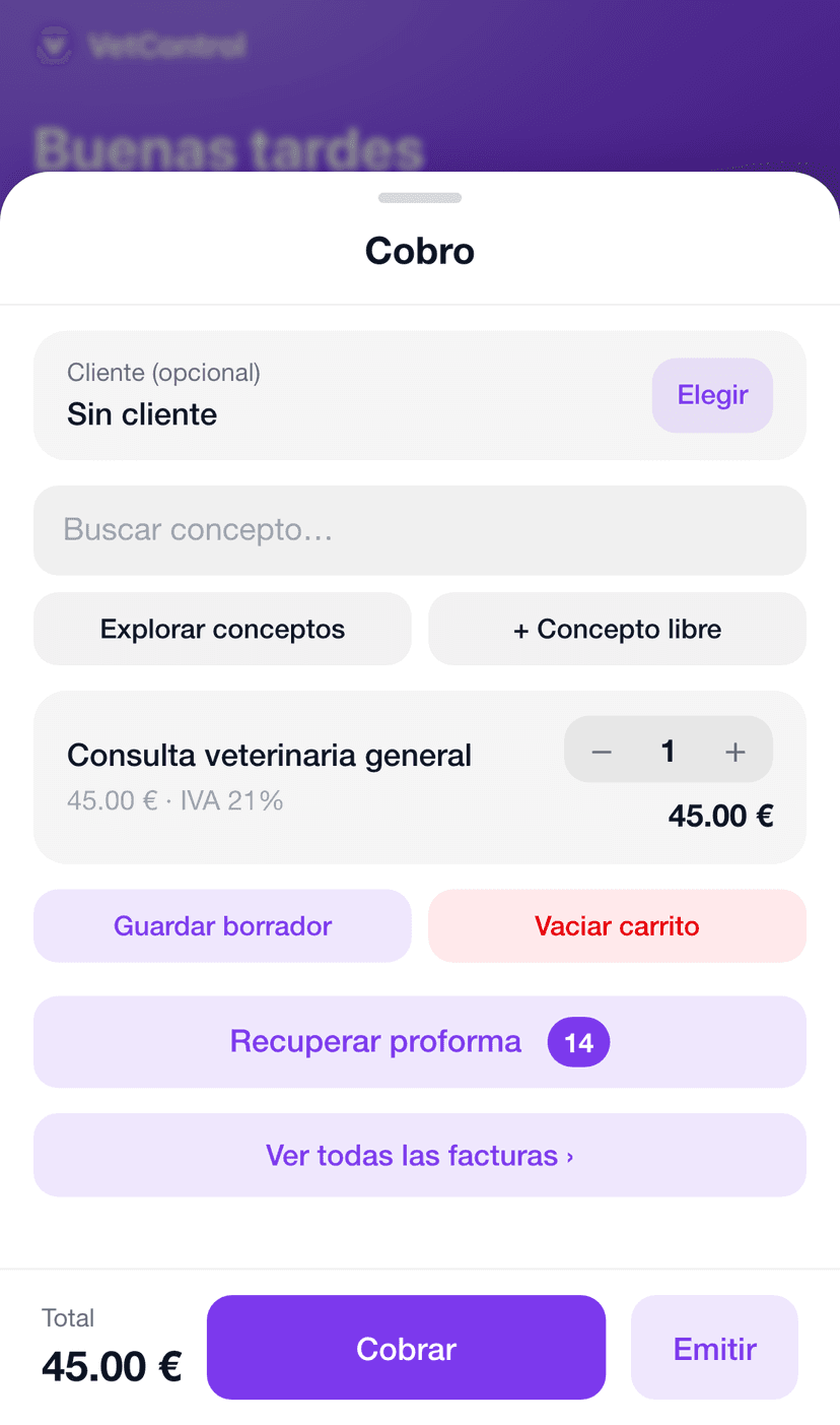 VetControl: Registro de cobro con carrito y botón cobrar activado con Tap to Pay