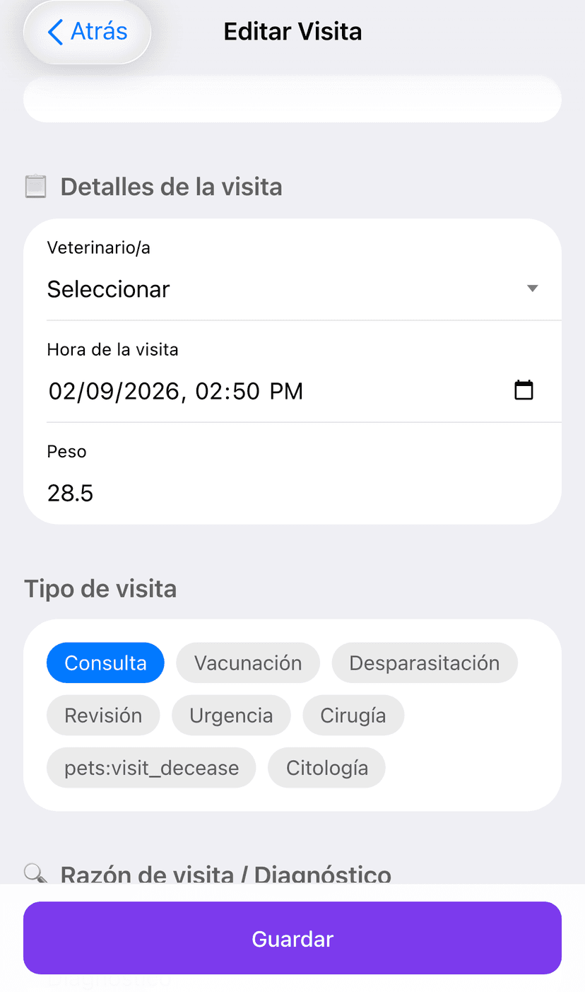 VetControl: Edición de visitas veterinarias, selección de tipo y diagnóstico