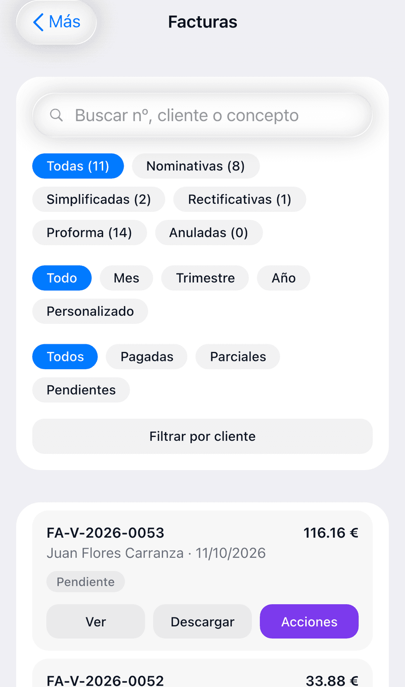 VetControl: Gestión de facturación móvil con estados pagadas y pendientes