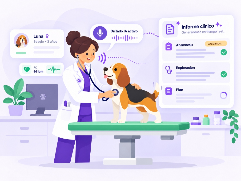 Consulta veterinaria con exploración, auscultación y dictado clínico con IA en tiempo real